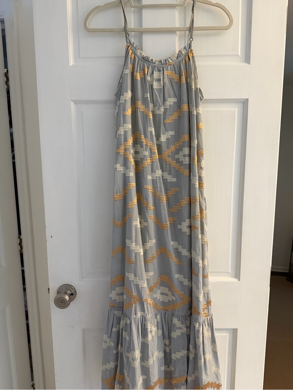 Gray and Mustard Geometric Maxi Dress with Spaghetti Straps